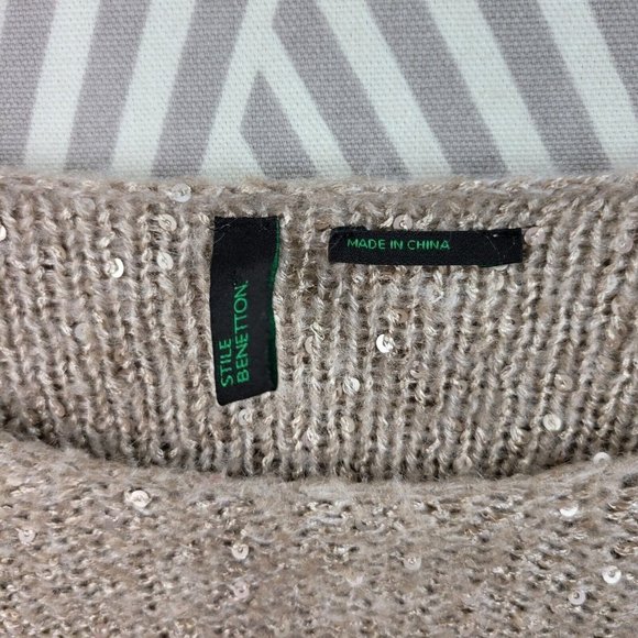 Stile Benetton Sweater size Small Lightweight Gold Sequin Embellished tan Mohair - Picture 4 of 6